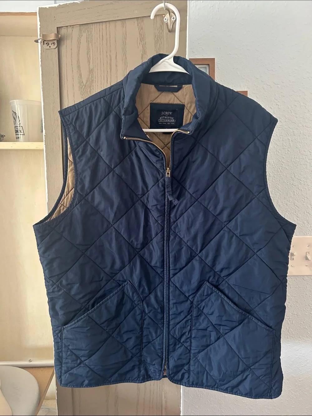 J. Crew Quilted Navy Vest with Tan Interior